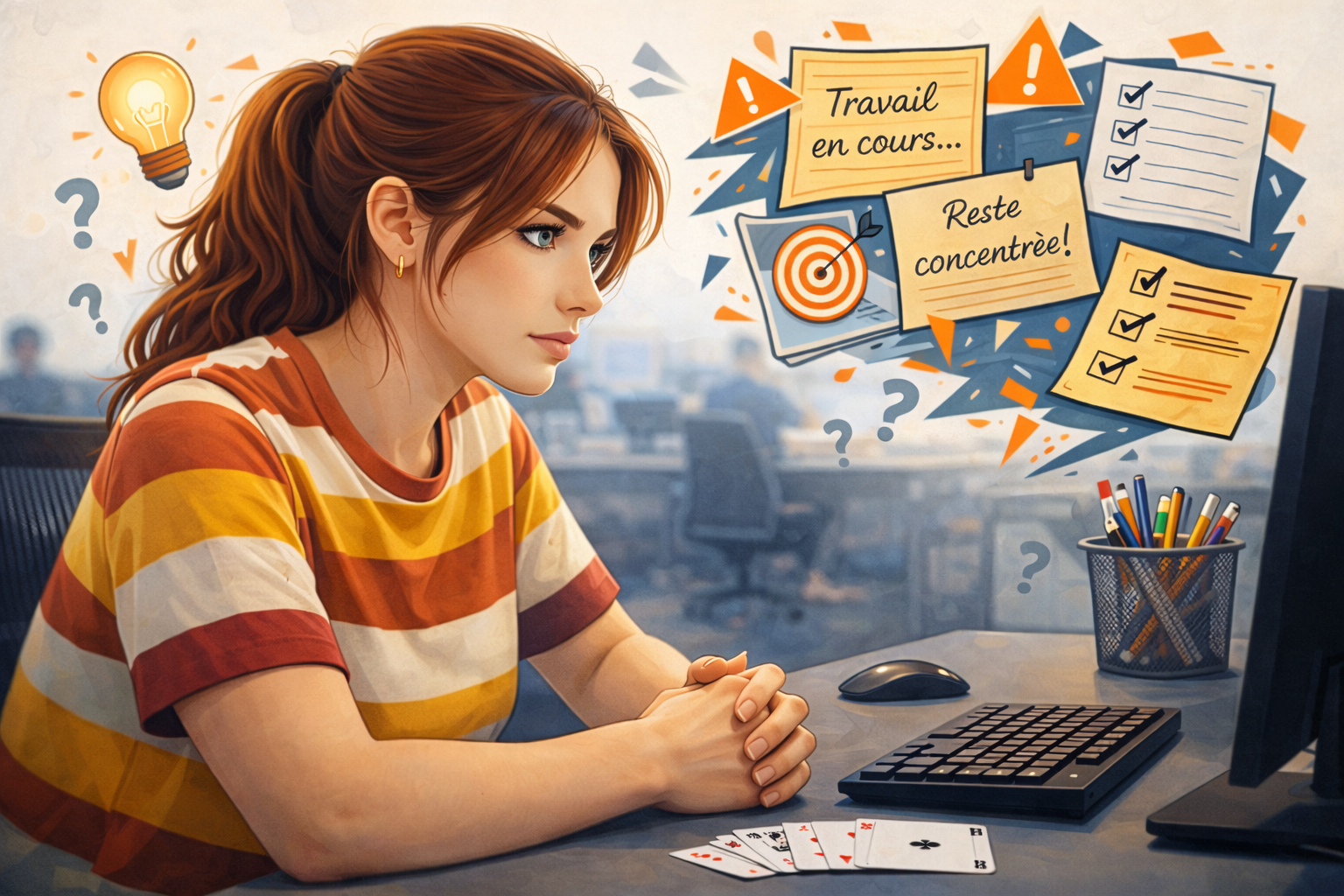 Illustration d'une joueuse concentr�e devant un �cran avec des rep�res de m�thode et de concentration